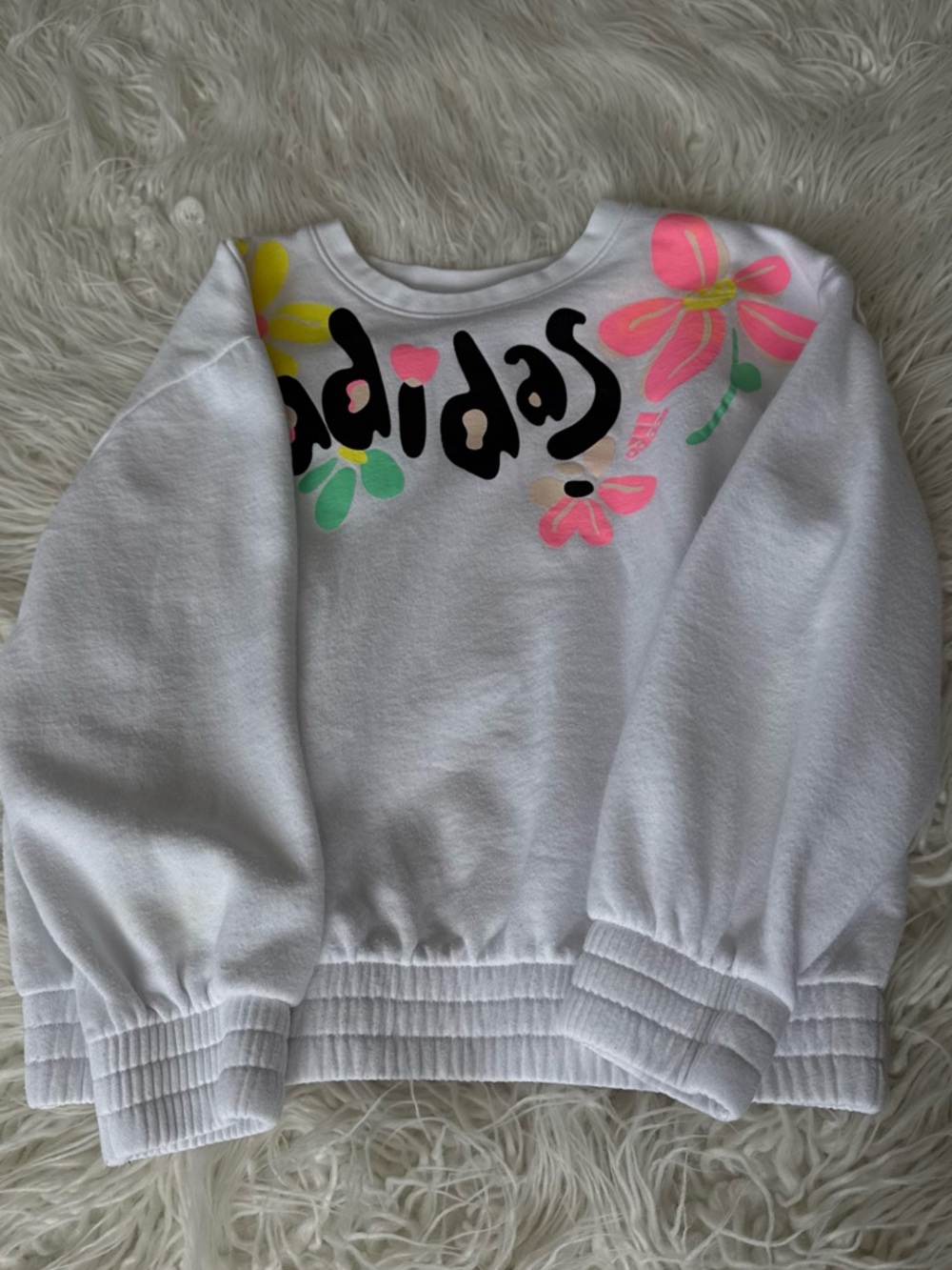 adidas White Pullover Sweatshirt with Neon Floral Print